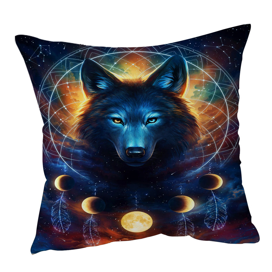 Dreamcatcher Space Moon Wolf Throw Pillow
