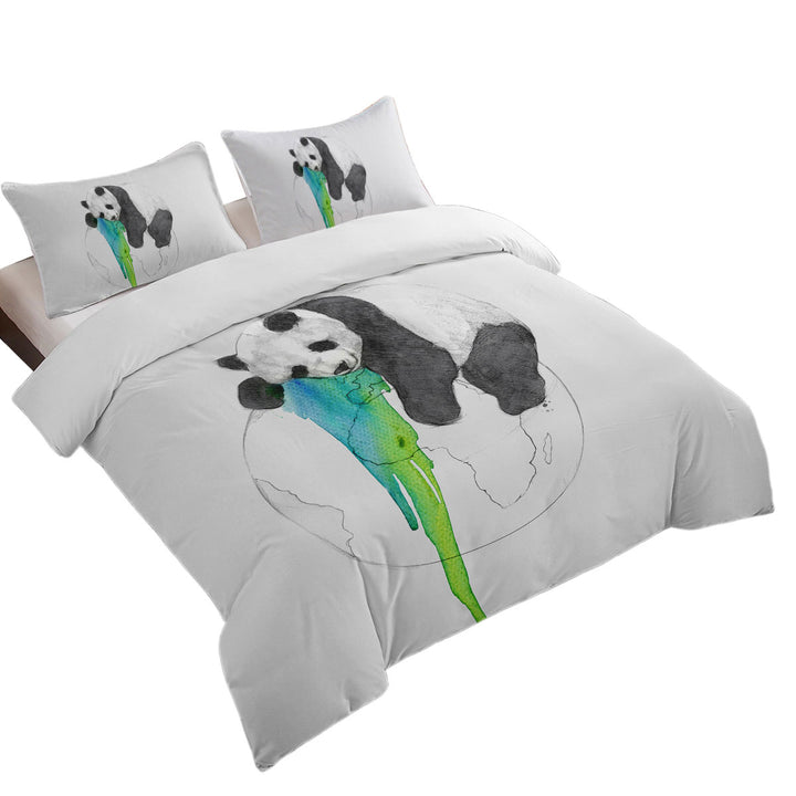 Duvet Cover Queen with Brilliant Art Drawing Panda Sleeping on Earth