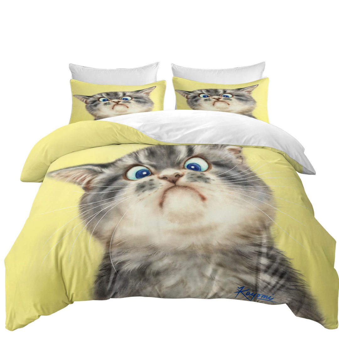Duvet Cover Queen with Cats Cute and Funny Faces Unhappy Grey Kitten