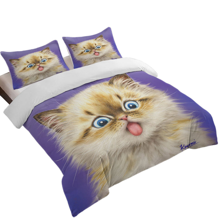 Duvet Cover Queen with Funny Fool Face Kitten Cat with Tongue Out