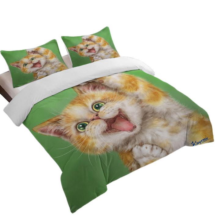 Duvet Cover Queen with Funny Kittens Joyful Ginger Kitty Cat over Green