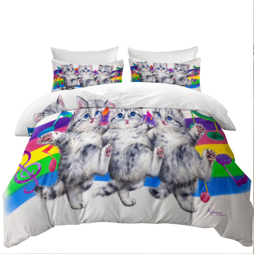 Duvet Cover Queen with Grey Kittens Rainbow Colorful Music Notes Dance