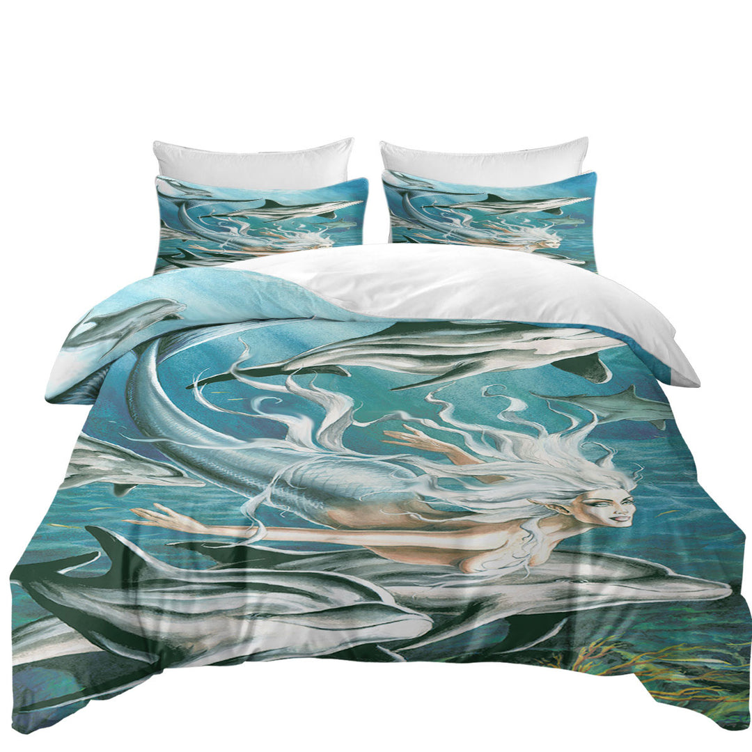 Duvet Cover Queen with Sirens Mythology Art Dolphins and Mermaid