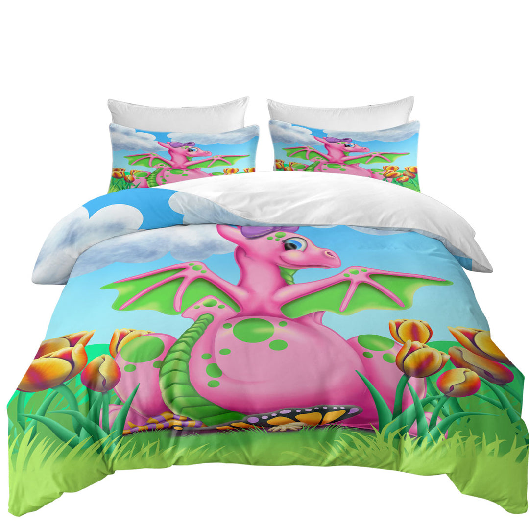 Duvet Cover Queen with Squishy the Cute Pink Dragon Girl