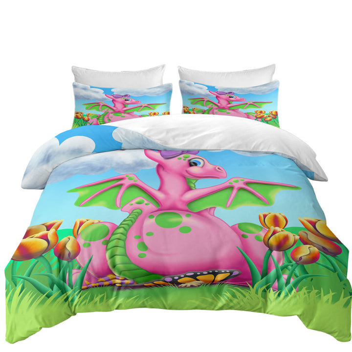 Duvet Cover Queen with Squishy the Cute Pink Dragon Girl