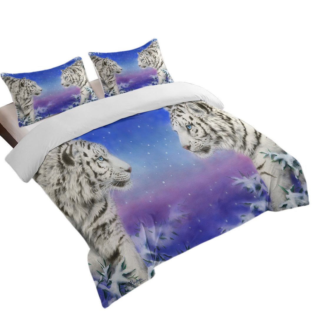 Duvet Cover Queen with Wild Animal Art White Tigers at Winter Night