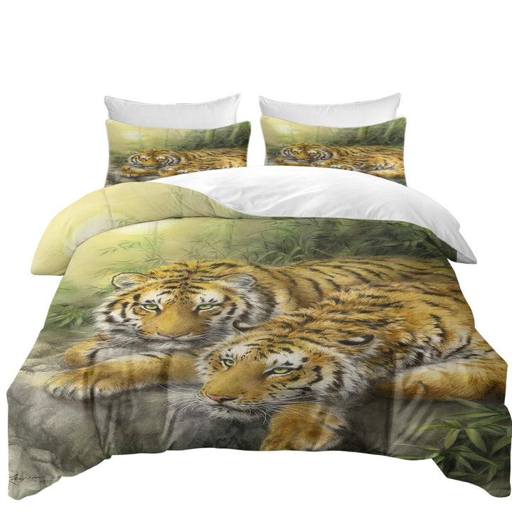 Duvet Cover Queen with Wild Animals Art Tigers Forest Morning