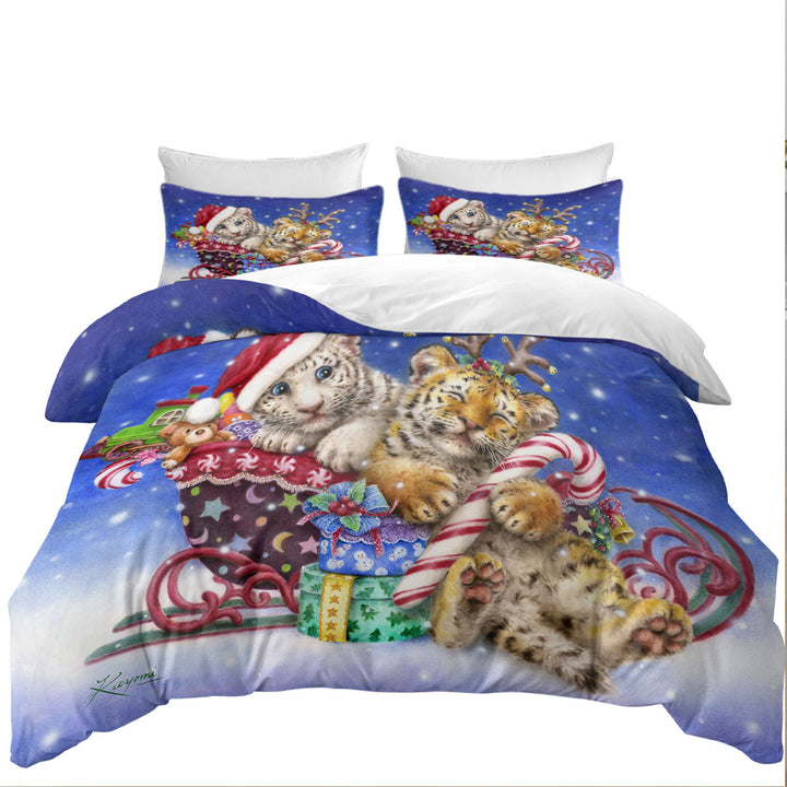 Duvet Cover sale with Cute Christmas Baby Tigers with Presents Sleigh