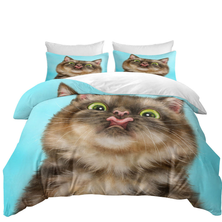 Duvet Cover sale with Funny Cats Licking Brown Tabby Kitty Cat