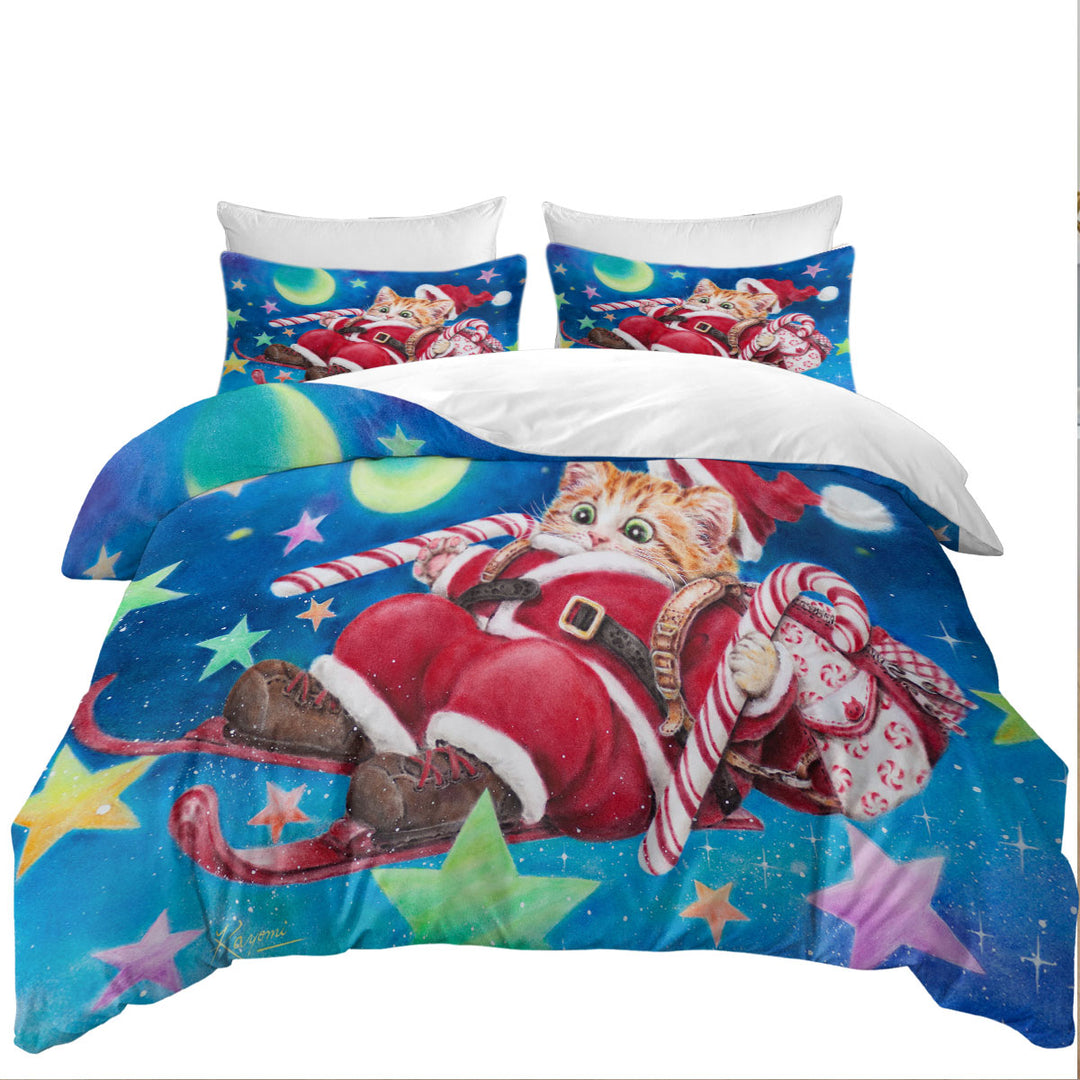 Duvet Cover set with Funny Christmas Cats Skiing Kitten Santa