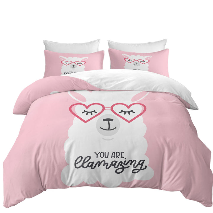 Duvet Cover set with Pink Background Cool Heart Glasses Llama