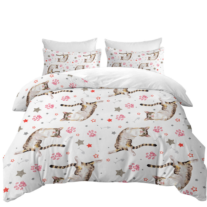 Duvet Cover with Adorable Cat and Paws Pattern