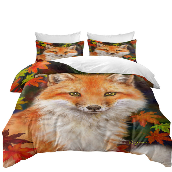 Duvet Cover with Animal Paintings Fox with Autumn Leaves