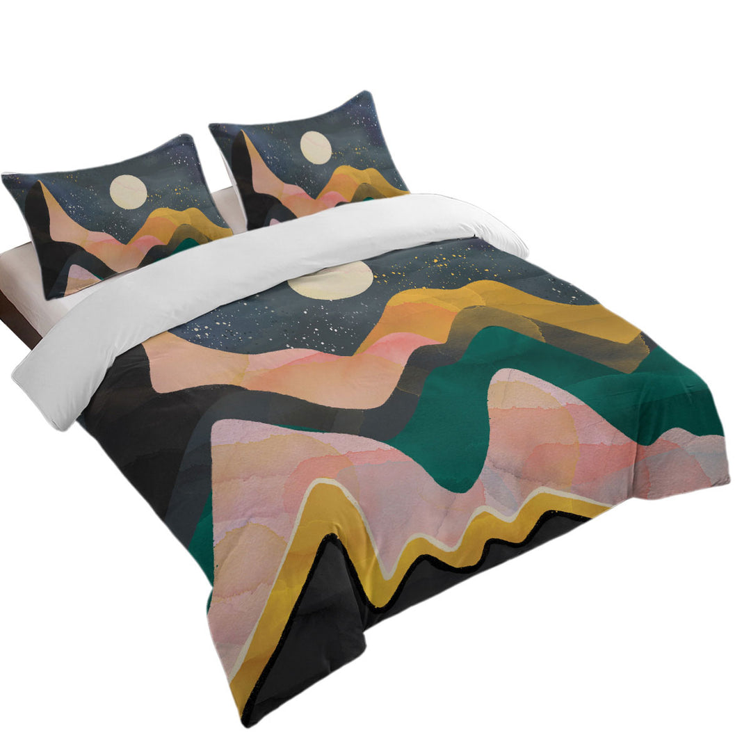 Duvet Cover with Artistic Mountains under a Full Moon