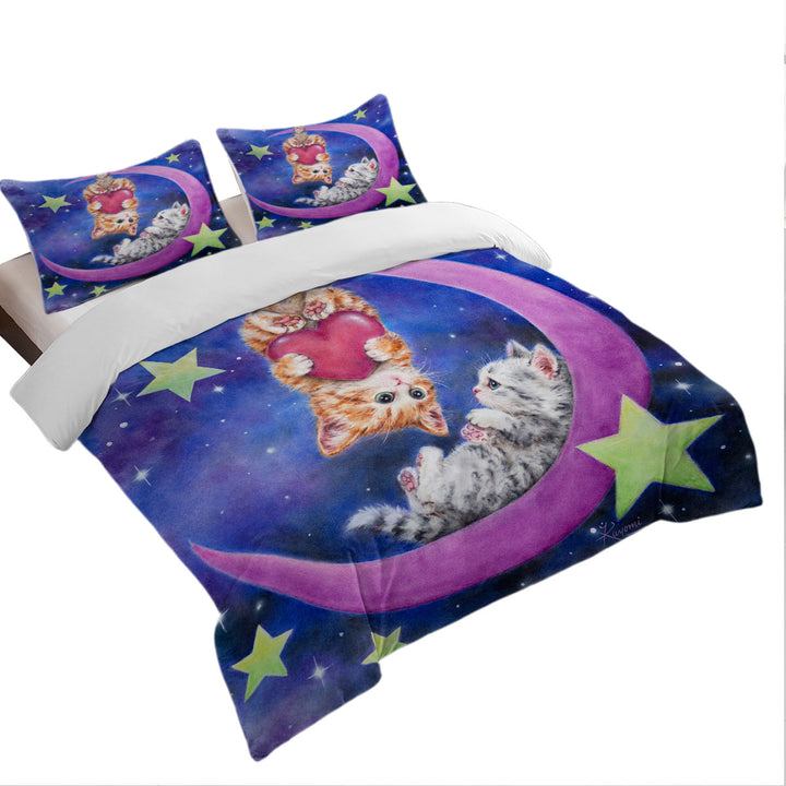 Duvet Cover with Cats Art Romantic Moon Space Starts and Kittens