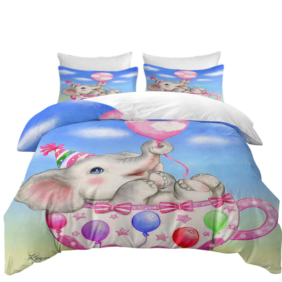 Duvet Cover with Children Design Cute Elephant Cup and Balloons
