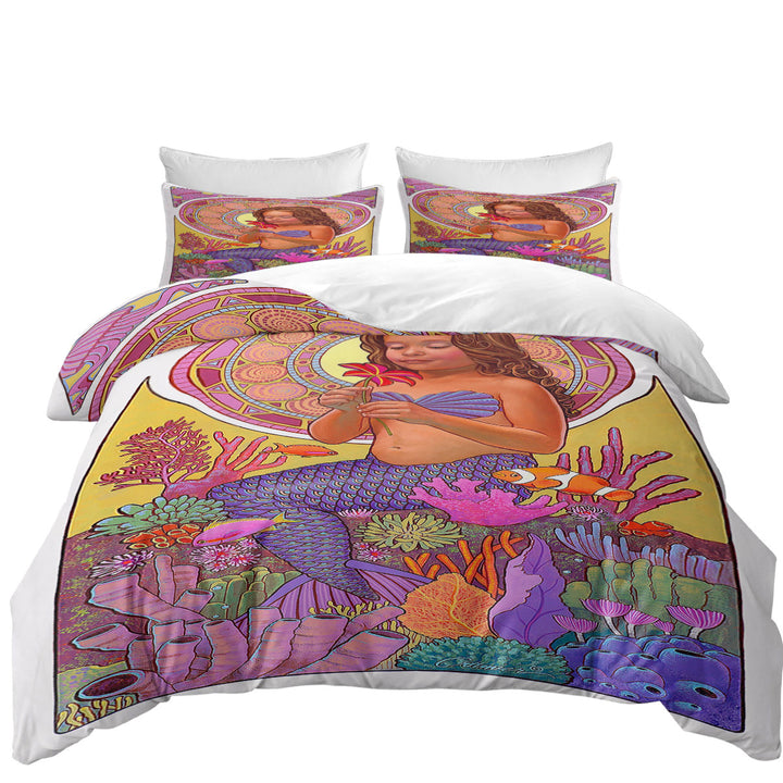 Duvet Cover with Colorful Coral and Mia the Girl Mermaid