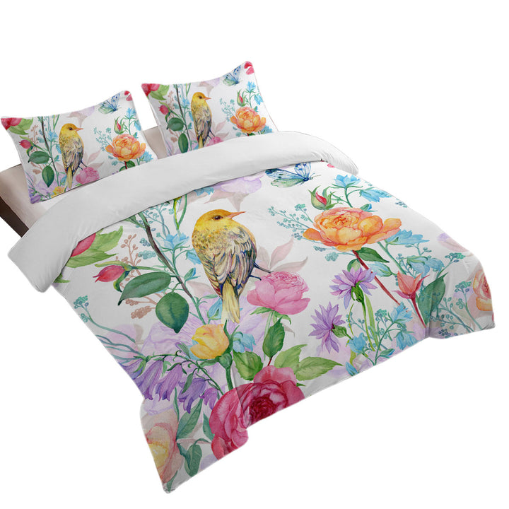 Duvet Cover with Colorful Flowers and Bird