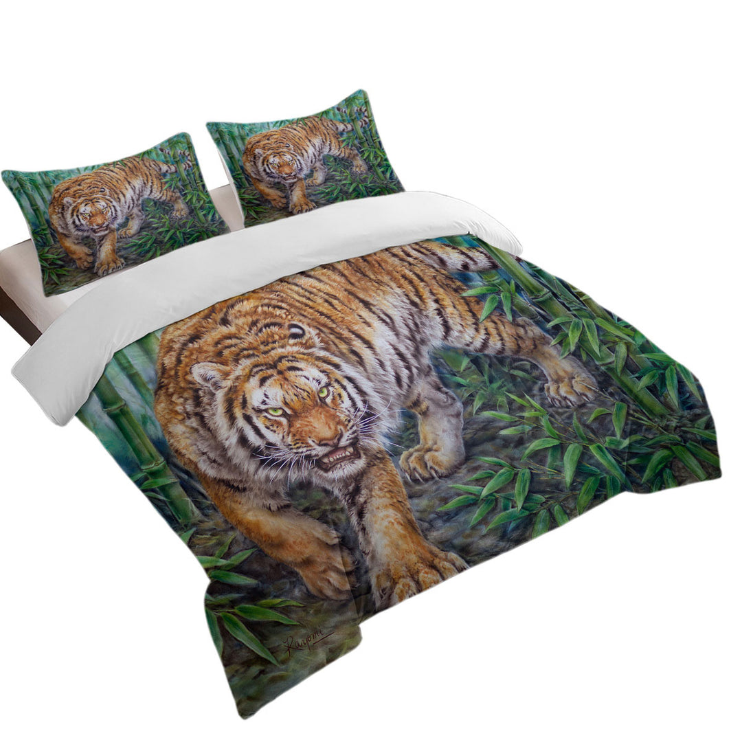 Duvet Cover with Cool Animal Art Dangerous Tiger in Bamboo Forest