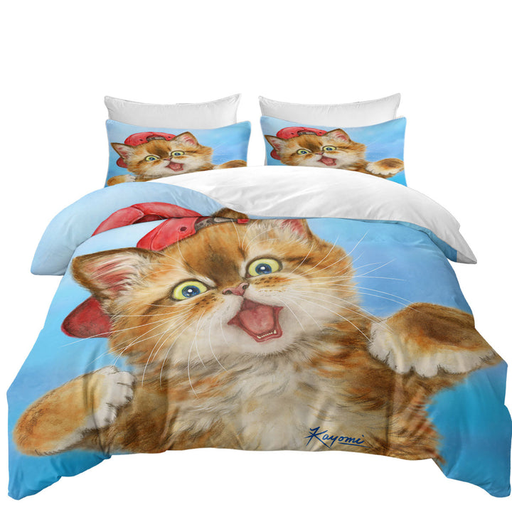 Duvet Cover with Cool Cats Boy Ginger Kitten Wearing a Cap Hat