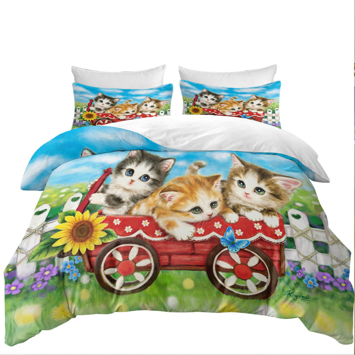 Duvet Cover with Cute Cat Drawings for Kids Kitten in Wagon