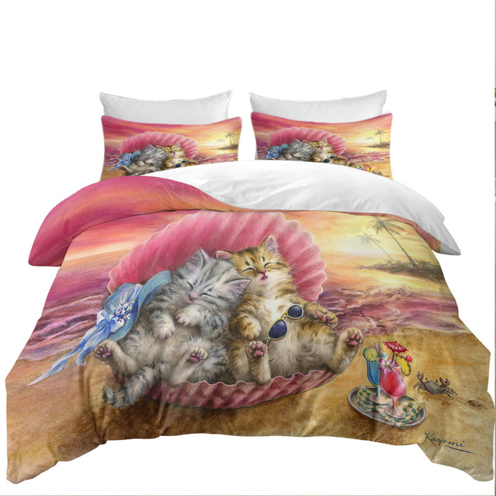 Duvet Cover with Cute Cats Designs Hawaiian Beach Sunset Kittens