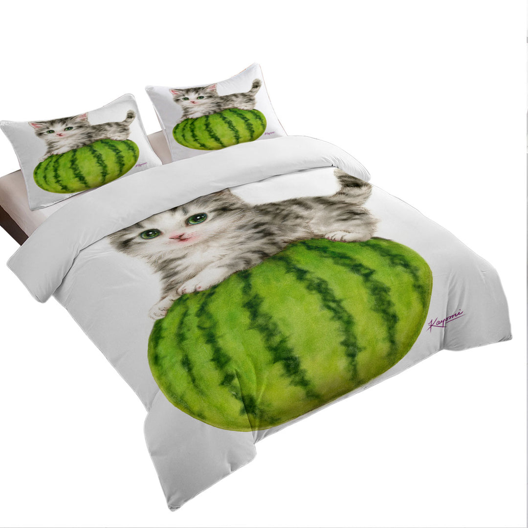 Duvet Cover with Cute Cats Drawing Watermelon Kitten