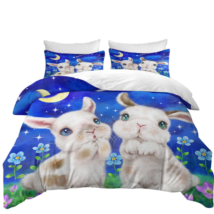 Duvet Cover with Cute Kids Art Designs Starry Night Bunnies
