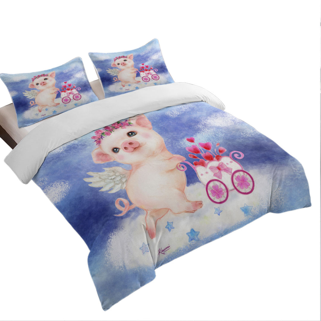 Duvet Cover with Cute Kids Design Heart Angel Pig with Flowers