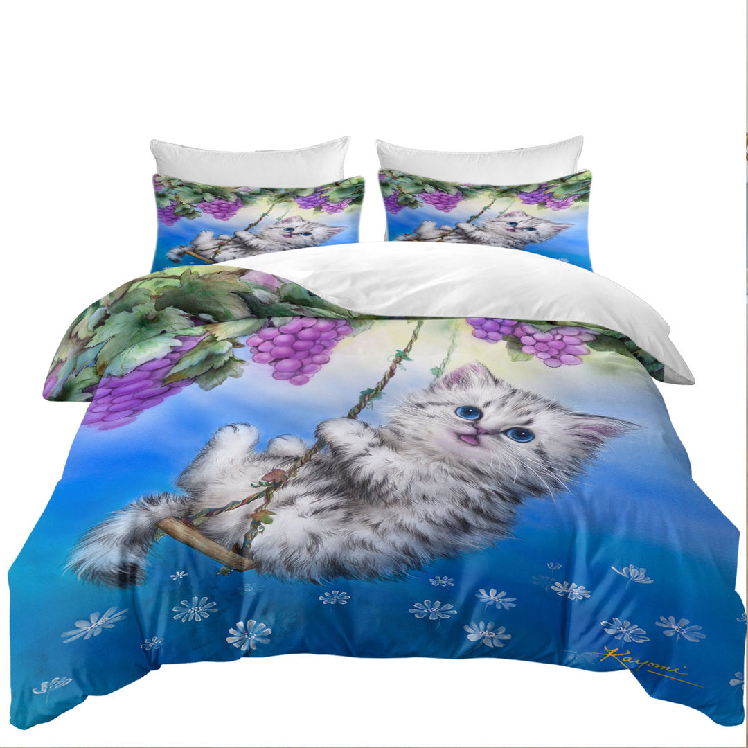 Duvet Cover with Cute Kitty Cat Swinging in the Grape Vineyard