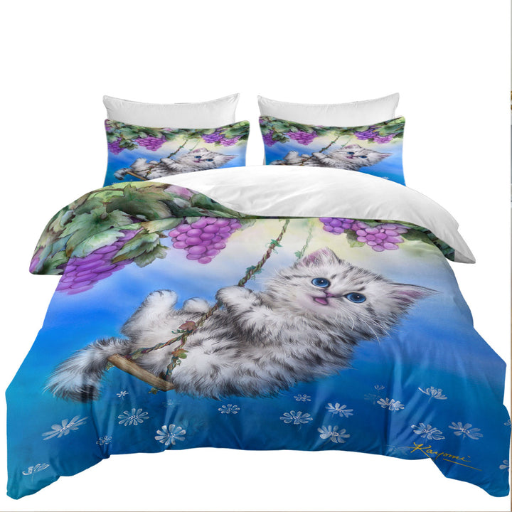 Duvet Cover with Cute Kitty Cat Swinging in the Grape Vineyard