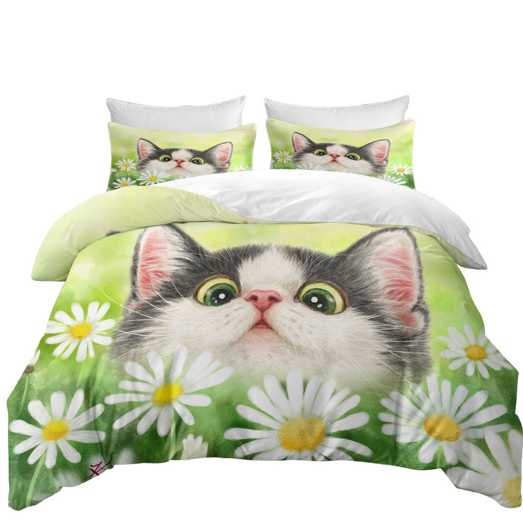Duvet Cover with Cute Kitty Cat in the Daisy Flower Garden
