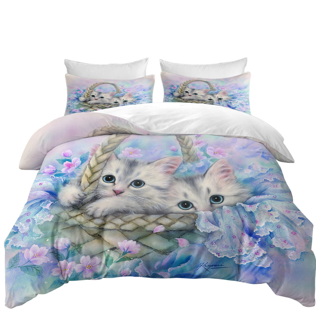 Duvet Cover with Cute Painting for Kids Two Kittens in Flower Basket