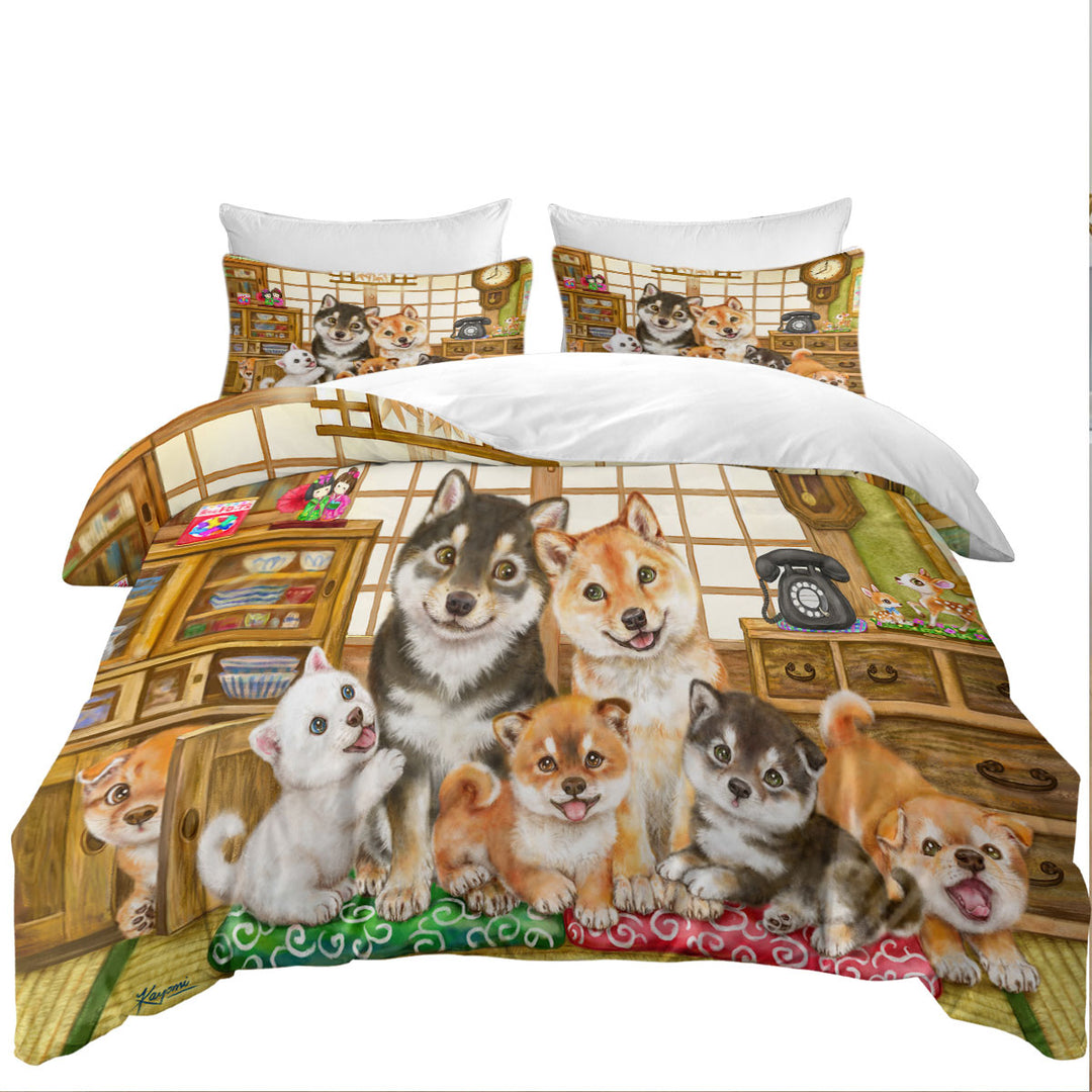 Duvet Cover with Cute Shiba Inu Dogs and Puppies Family