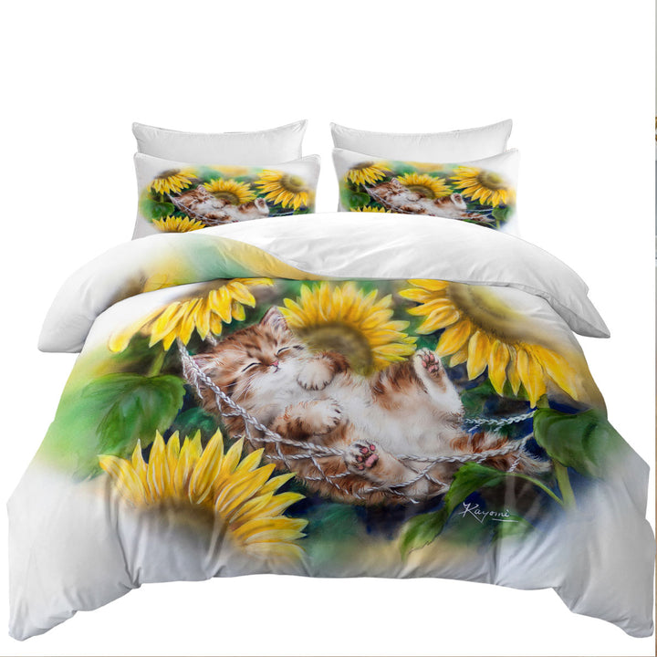Duvet Cover with Cute Sleeping Ginger Kitten Sunflower Dream