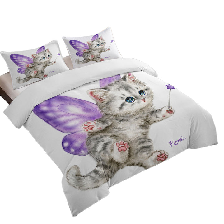 Duvet Cover with Fun Cats Cute Purple Fairy Kitten