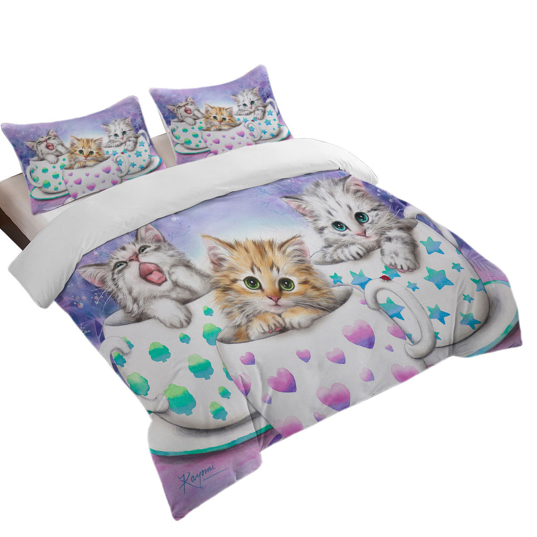 Duvet Cover with Funny Cats Art Coffee Cups with Cute Kittens