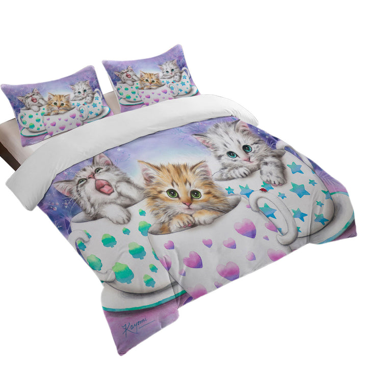Duvet Cover with Funny Cats Art Coffee Cups with Cute Kittens