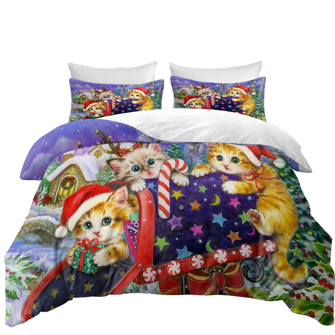 Duvet Cover with Funny Cute Christmas with Three Cats Kittens