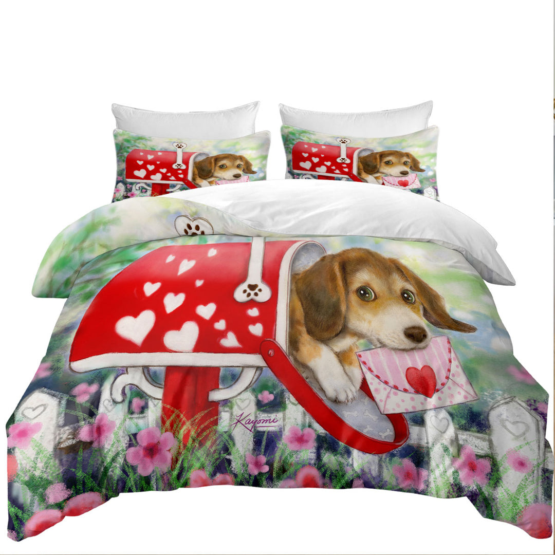 Duvet Cover with Funny Dog Mailbox Puppy with Hearts
