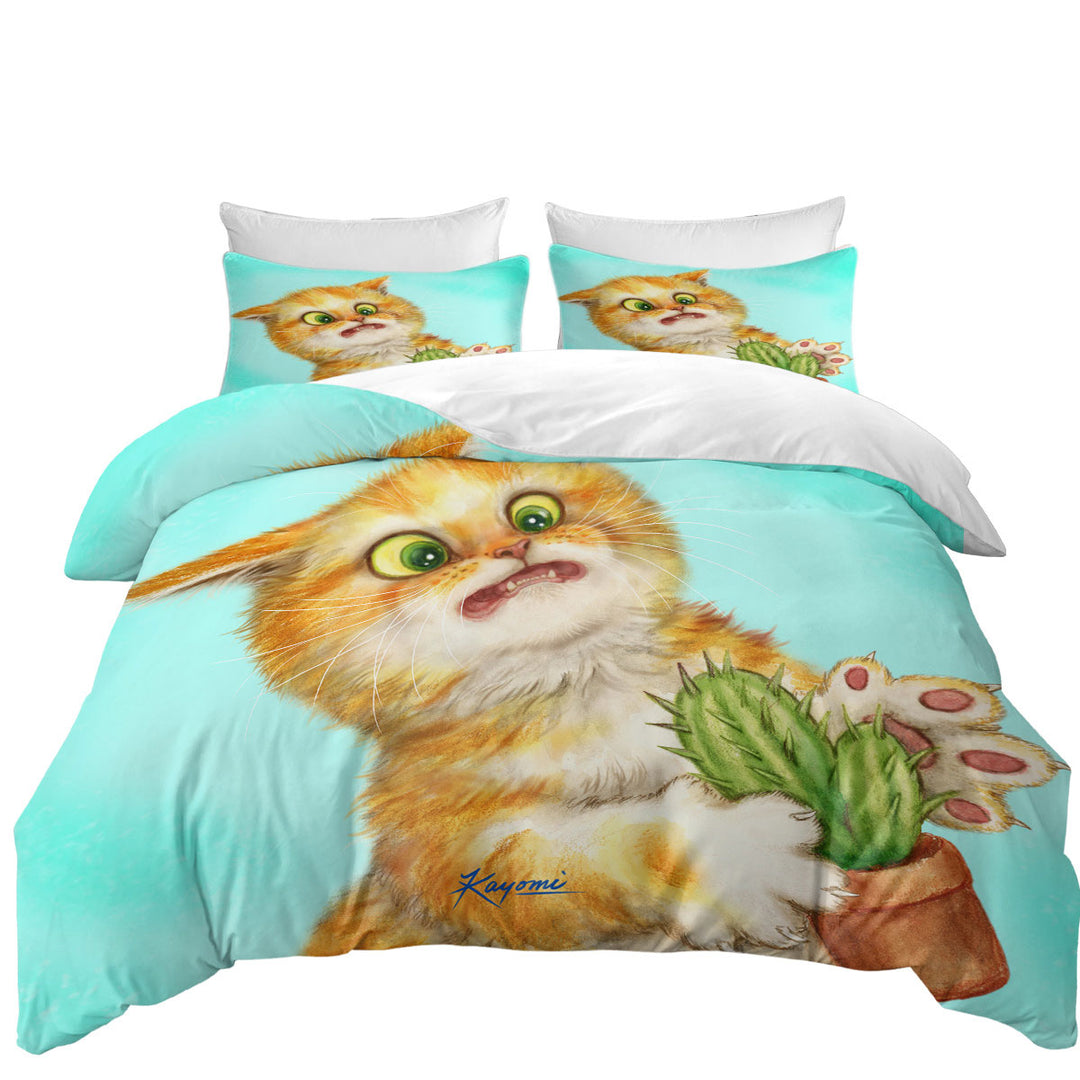 Duvet Cover with Funny Ginger Cat Playing with a Cactus
