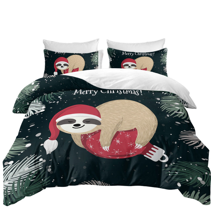 Duvet Cover with Funny Santa Sloth Sleeping on Christmas Bauble