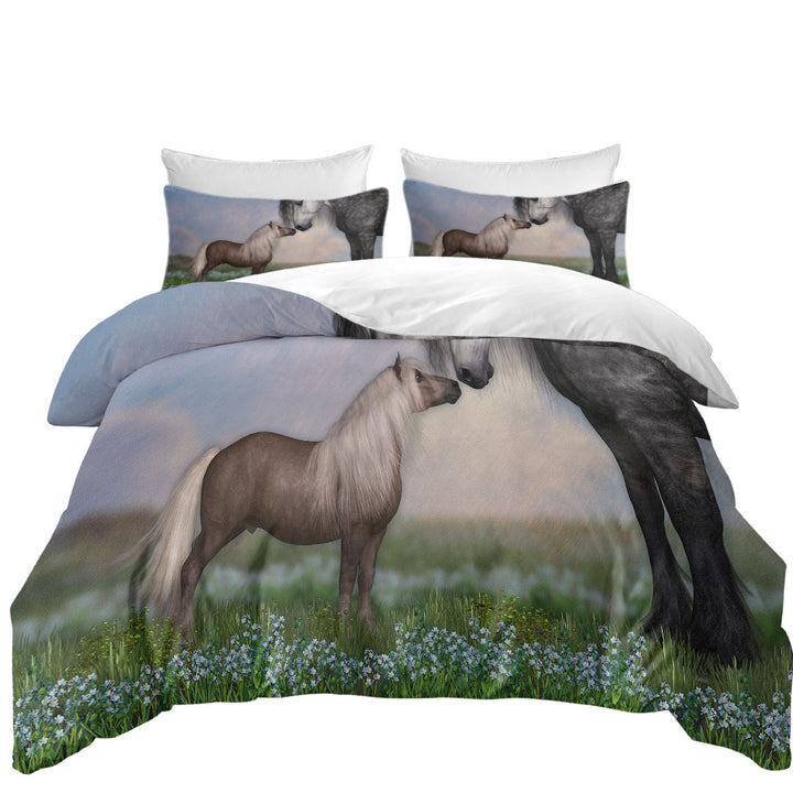 Duvet Cover with Horses Art Momma with Cute Foal in the Meadow