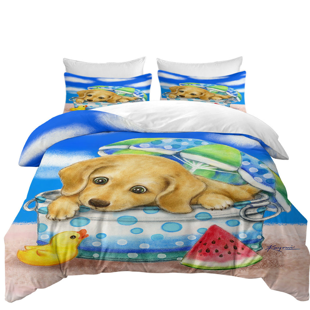 Duvet Cover with Kids Animal Dogs Art Cute Dachshund at the Beach