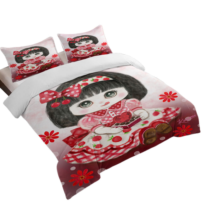 Duvet Cover with Kids Drawings Red Girl Heart and Flowers