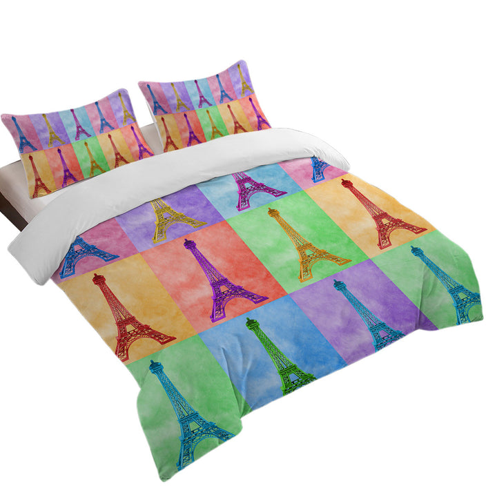 Duvet Cover with Multicolored Eiffel Tower Panel