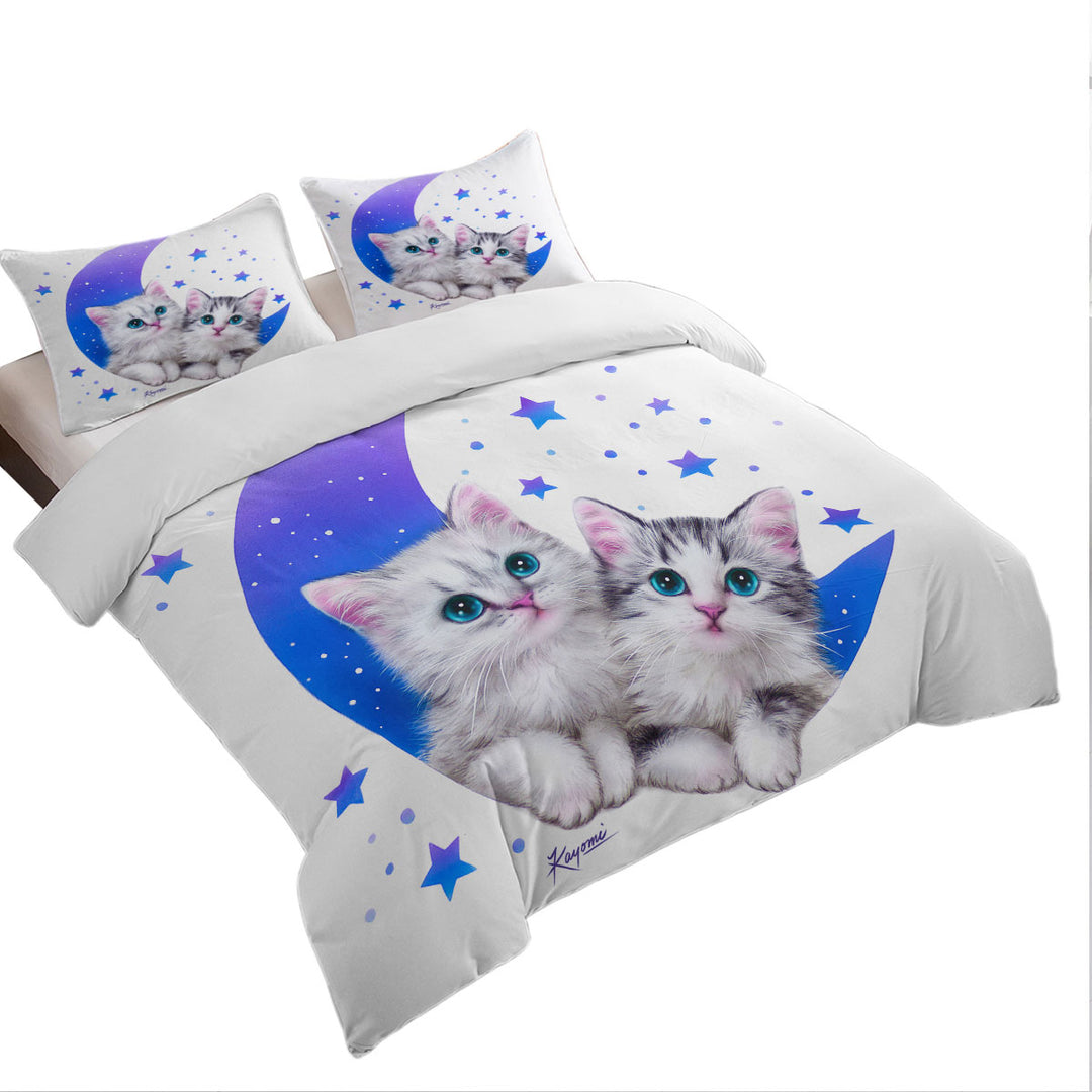 Duvet Cover with Night Moon and Stars Sweet Grey Kittens