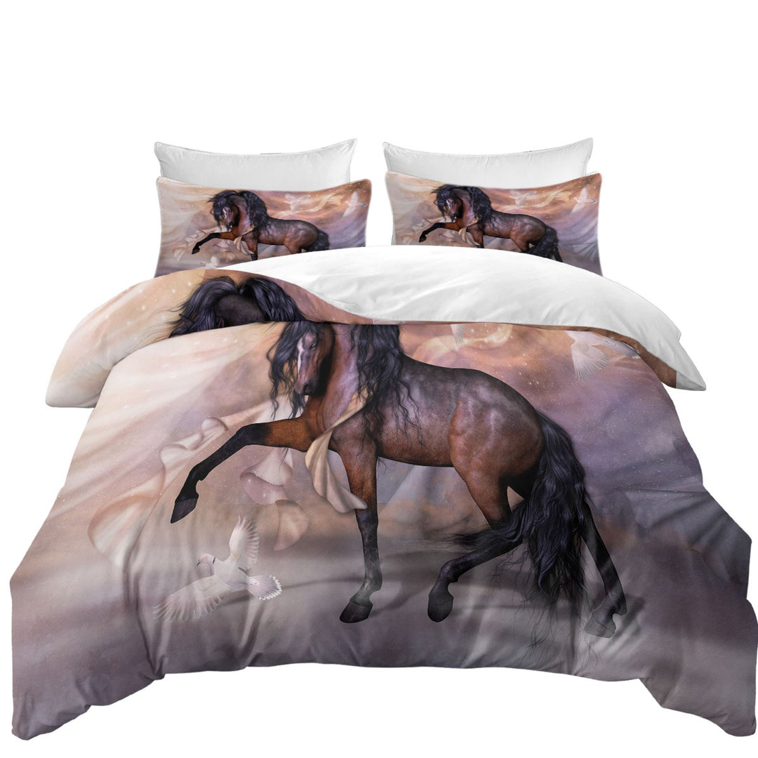 Duvet Cover with Noble and Graceful Brown Horse and Doves