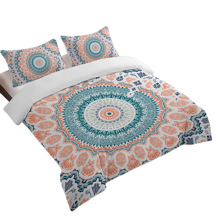 Duvet Cover with Pinkish Peach Aztec Mandala