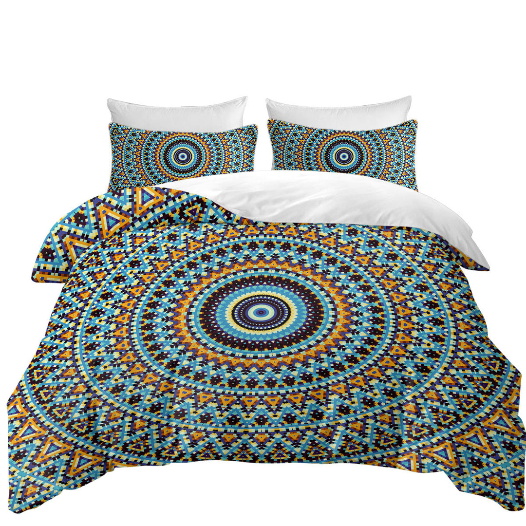 Duvet Cover with Powerful Blue Black Orange Mandala